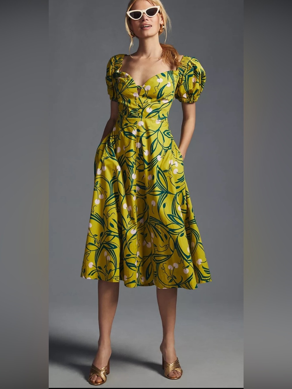 Anthropologie Maeve chartreuse Puff-Sleeve Sweetheart cherry Dress Size 4P